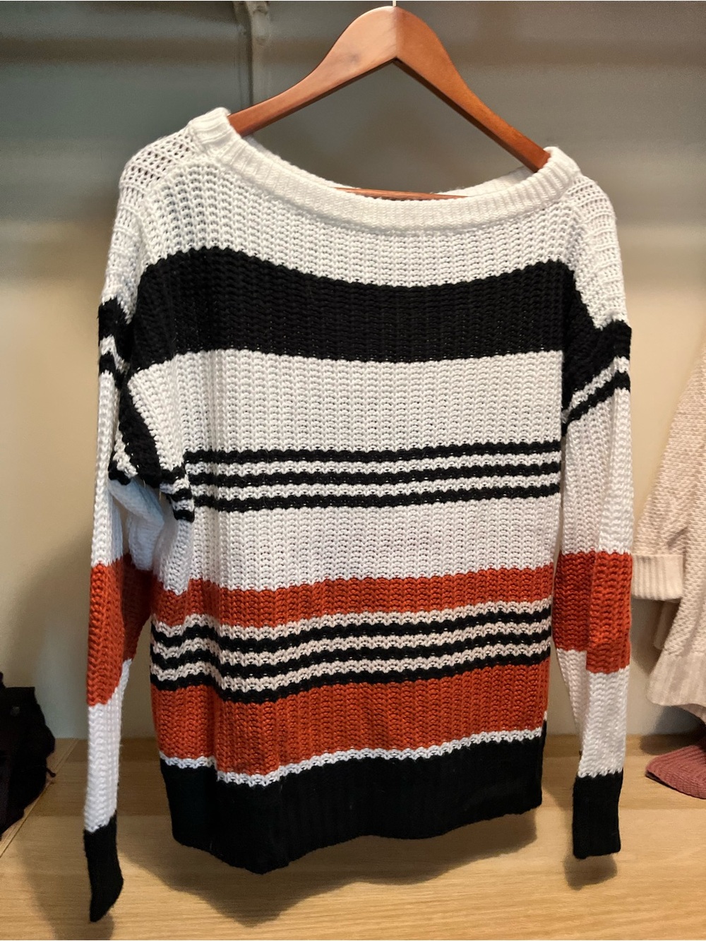 Striped Knit Sweater in White, Black & Rust - Women's Crewneck